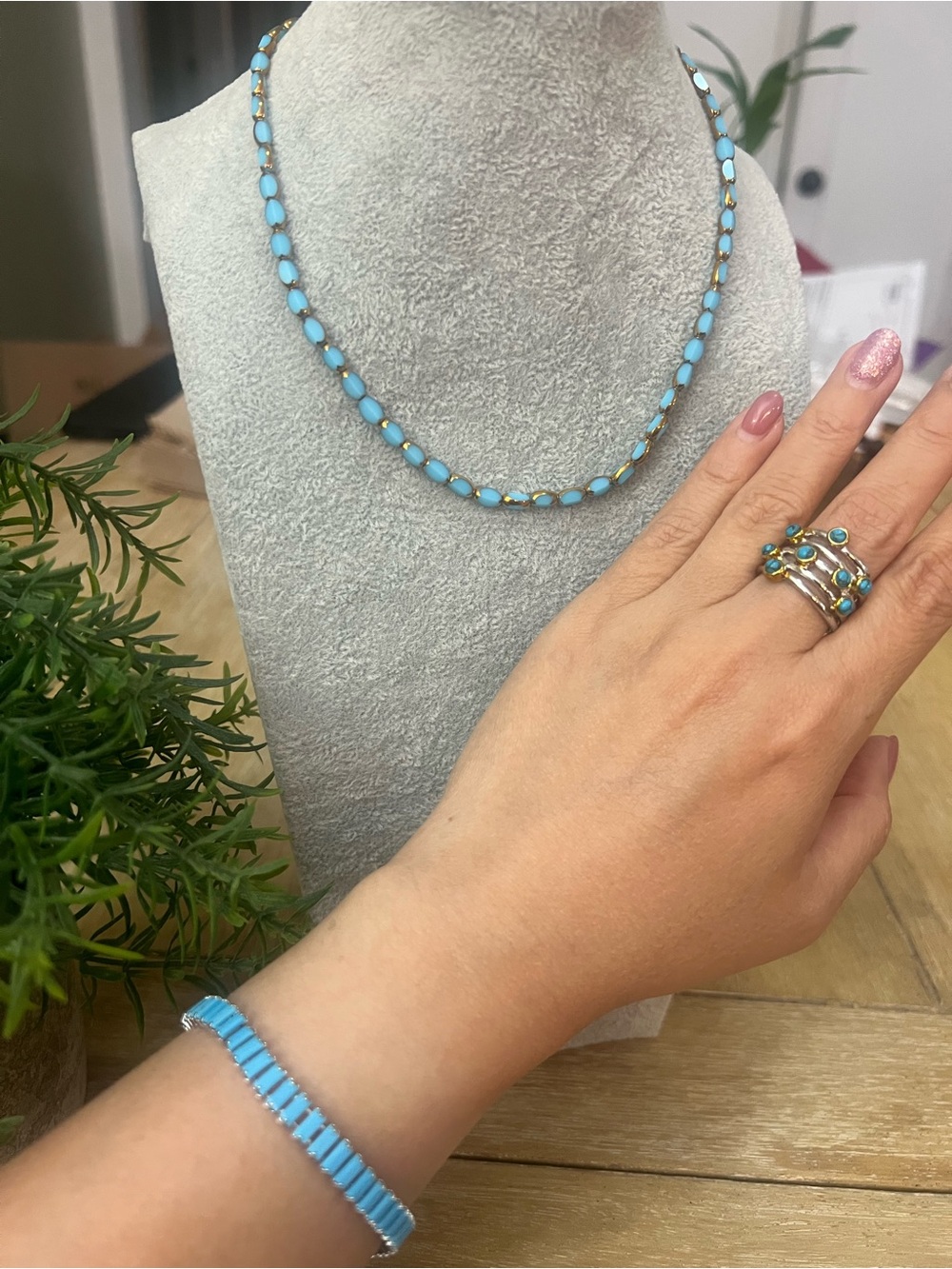 Turquoise Bead Necklace, stack Ring and Bracelet Set (faux turquoise)